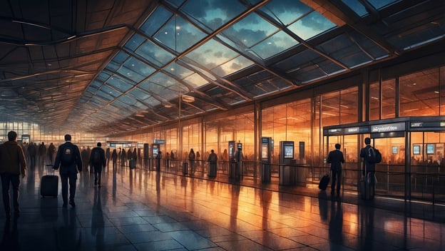 Menschen bewegen sich in einem Flughafen mit reflektierendem Boden und vielen Koffern, während die Abenddämmerung sichtbar ist.