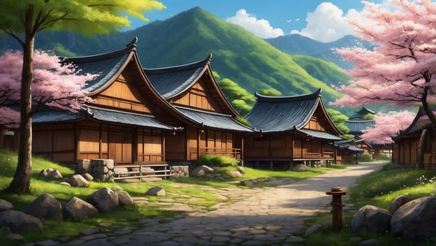 Traditionelle japanische Holzhäuser umgeben von blühenden Kirschbäumen und grünen Bergen, ruhige Landschaft mit Pflasterweg.