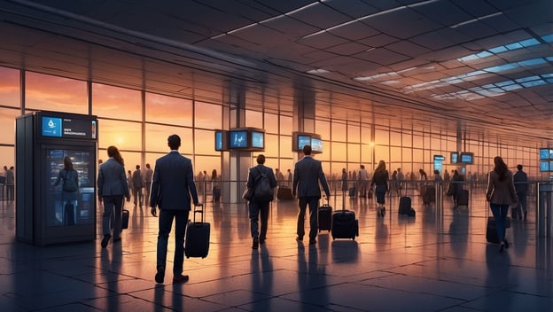 Heathrow lahmgelegt: Stromausfall sorgt für Chaos. Reisende gehen mit Koffern in einem leeren, modernen Flughafen bei Sonnenuntergang.
