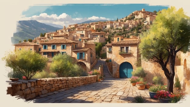 Idyllisches Dorf in Spanien mit steinernen Häusern, blauen Fenstern, Pflanzen und Bergen im Hintergrund.