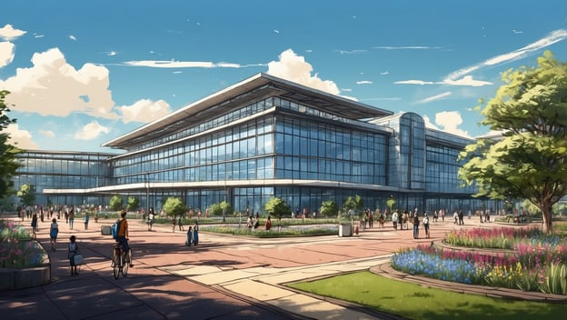 Moderne Gebäude mit Glasfassade, umgeben von Menschen und bunten Blumenbeeten an einem sonnigen Tag.