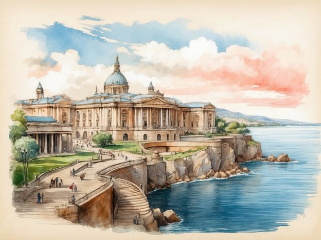 Auf dem Bild ist eine beeindruckende architektonische Landschaft zu sehen, die an historische Gebäude an der Küste erinnert. Diese Art von Architektur könnte mit der Geschichte von Porto in Verbindung stehen, einer Stadt in Portugal, die für ihre prächtigen Bauwerke und ihre maritime Geschichte bekannt ist.Porto hat eine lange Geschichte, die bis in die römische Zeit zurückreicht, und ist berühmt für ihre Weinkeller, die vielfältige Landschaften und das malerische Douro-Tal. Die Stadt ist auch für ihre Brücken bekannt, die den Fluss Douro überqueren und eine Verbindung zwischen den beiden Ufern schaffen.Das Bild vermittelt eine friedliche Atmosphäre mit Menschen, die die Umgebung genießen, was an die lebendige Kultur und Geschichte von Porto erinnert.