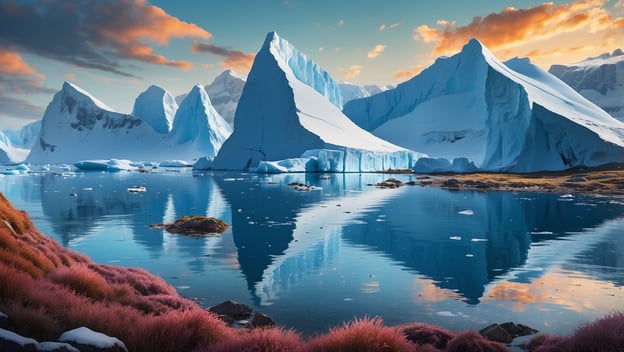 Majestätische Eisberge spiegeln sich im ruhigen Wasser, umgeben von buntem, niedrigem Pflanzenbewuchs im Vordergrund.