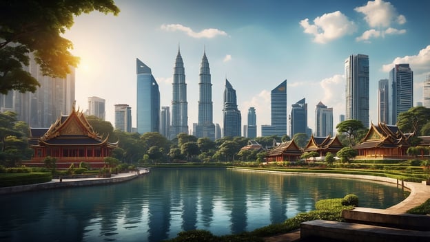 Moderne Skyline mit Wolkenkratzern im Hintergrund, traditioneller Tempel und grüner Parklandschaft im Vordergrund.