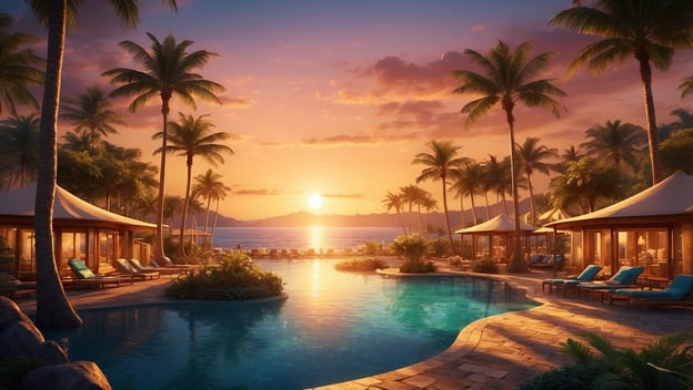Ein Pool mit Liegen, umgeben von Palmen, während die Sonne über dem Meer untergeht. Idylle und Entspannung pur.