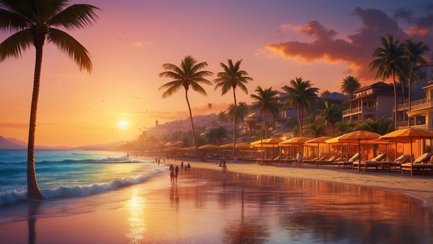 Sonnenuntergang am Strand mit Palmen, sanften Wellen und Liegestühlen unter Sonnenschirmen. Menschen spazieren am Wasser entlang.