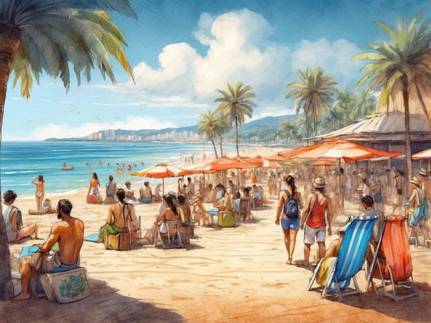 Auf dem Bild ist ein belebter Strand zu sehen, wo viele Menschen verschiedene Aktivitäten genießen. Einige Badegäste entspannen auf Liegen unter roten Sonnenschirmen, während andere im Wasser schwimmen oder sich auf den Weg dorthin machen. Es gibt Gruppen von Leuten, die sich unterhalten, picknicken oder einfach die Sonne genießen. Einige Personen scheinen aktiv zu sein, möglicherweise beim Beachvolleyball oder beim Surfen. Die Atmosphäre wirkt fröhlich und entspannend, ideal für einen schönen Tag am Meer.
