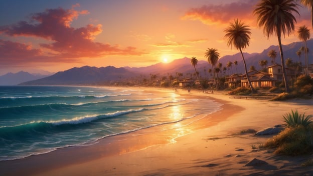 Eine idyllische Küstenlandschaft bei Sonnenuntergang mit sanften Wellen, Palmen und Hütten am Strand.
