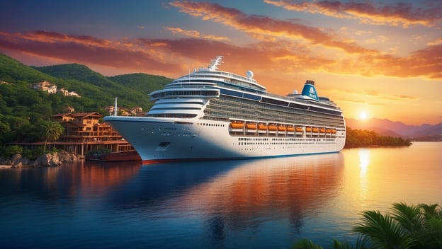 Ein Kreuzfahrtschiff liegt an einem ruhigen Hafen, umgeben von grünen Hügeln und einer malerischen Abendsonne.