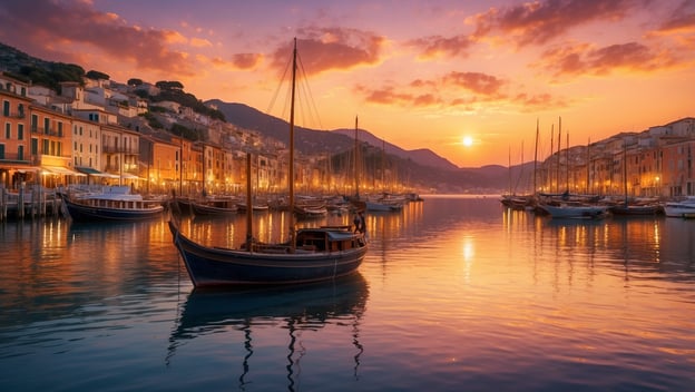 Sonnenuntergang über einem Hafen, farbenfrohe Gebäude und Boote spiegeln sich im ruhigen Wasser.