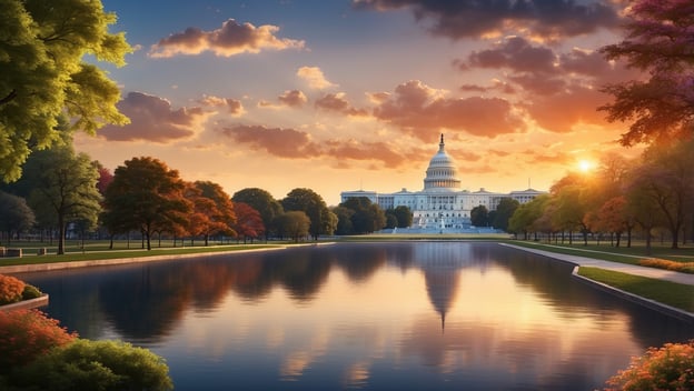 Sonnenuntergang über dem Kapitol in Washington D.C. mit reflektierendem Wasser und bunten Bäumen im Vordergrund.