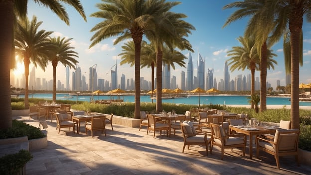Sonniger Außenbereich mit Tischen und Stühlen, Palmen und Blick auf die Skyline von Abu Dhabi am Wasser.