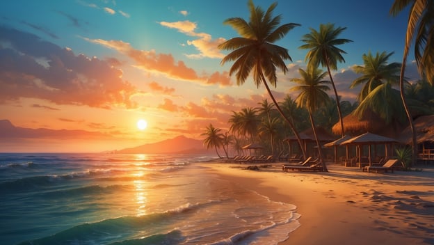 Ein tropischer Strand mit Palmen, Sonnenuntergang über dem Wasser und Hütten im Hintergrund. Sanfte Wellen am Ufer.