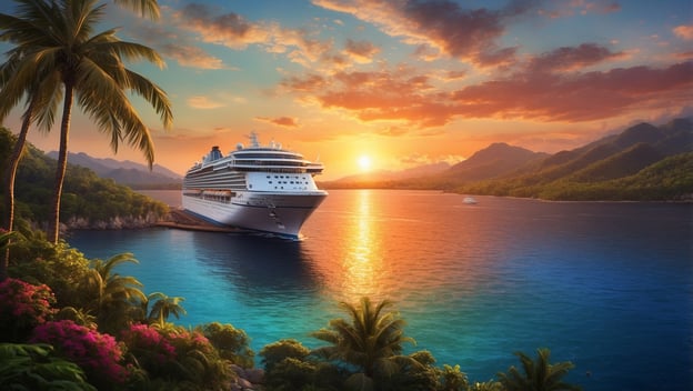 Ein Luxuskreuzfahrtschiff liegt im Hafen vor einer tropischen Küste, während die Sonne hinter den Bergen untergeht.