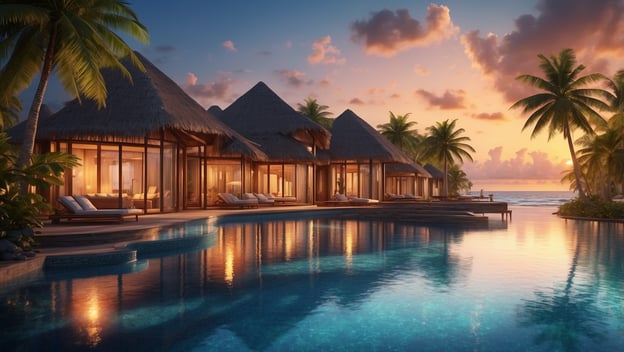 Luxuriöse Strandvillen am Pool, umgeben von Palmen, im sanften Licht eines Sonnenuntergangs über dem Ozean.