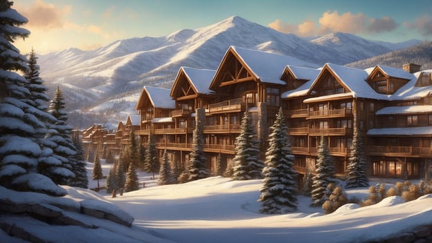 Winterliche Landschaft mit schneebedeckten Bergen und einem modernen, rustikalen Hotel in Deer Valley umgeben von Tannen.