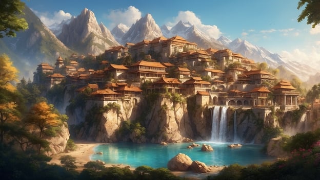 Eine malerische Stadt an einem Hang mit traditionellen Häusern, einem Wasserfall und einem klaren blauen See im Vordergrund.