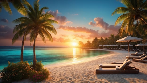 Eine malerische Strandlandschaft mit Palmen, Sonnenliegen und einem Sonnenuntergang über dem Meer.