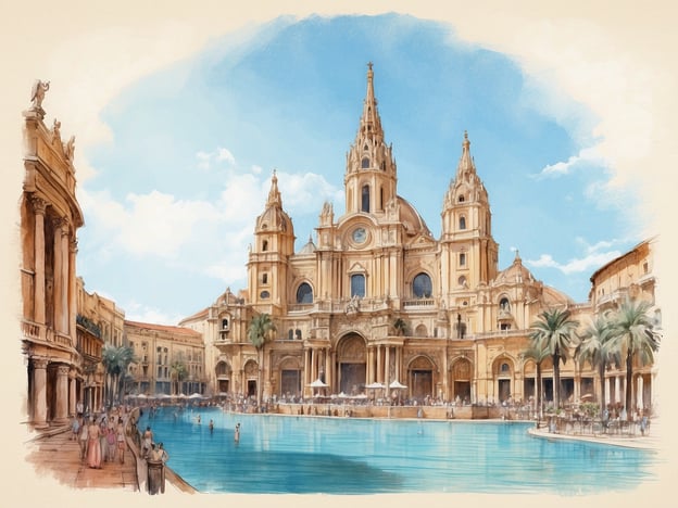 Auf dem Bild ist ein beeindruckendes Gebäude zu sehen, das an die Architektur Valencias erinnert. Die Stadt Valencia hat eine reiche Geschichte, die von römischen, maurischen und christlichen Einflüssen geprägt ist. Das dargestellte Gebäude könnte eine inspiriert von der bekannten Architektur der Kathedrale von Valencia oder von der Stadtverwaltung sein, vielleicht am Plaza del Ayuntamiento, umgeben von schönen Palmen und einer Wasserfläche, die an die vielen Brunnen und Plätze in der Stadt erinnert.Valencia ist auch für ihre lebendige Kultur und Festivals bekannt, wie die Las Fallas, die farbenfrohe Paraden und beeindruckenden Feuerwerke beinhalten. Solche Szenerien könnten bei einer friedlichen Zusammenkunft von Bürgern und Touristen entstehen, die das architektonische Erbe und die Umgebung genießen.