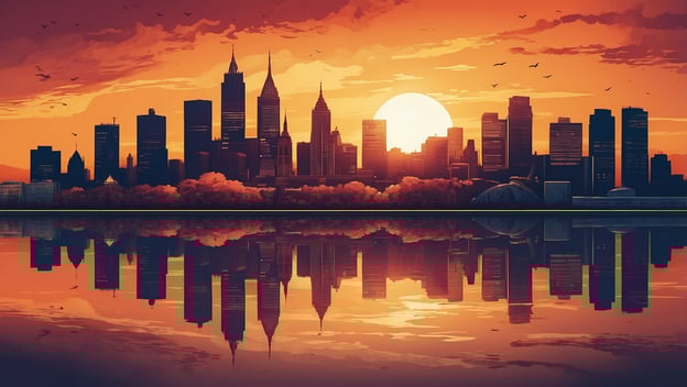 Eine Skyline mit Hochhäusern spiegelt sich im Wasser bei Sonnenuntergang, umgeben von orangefarbenem Himmel und Vögeln.