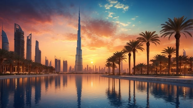 Skyline von Dubai bei Sonnenuntergang mit dem Burj Khalifa und Palmen am Wasser. Sanfte Farben im Himmel spiegeln sich im Wasser.