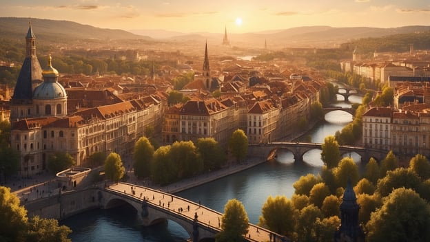 Eine Stadtansicht mit historischen Gebäuden, Brücken und grünen Bäumen bei Sonnenuntergang am Fluss.