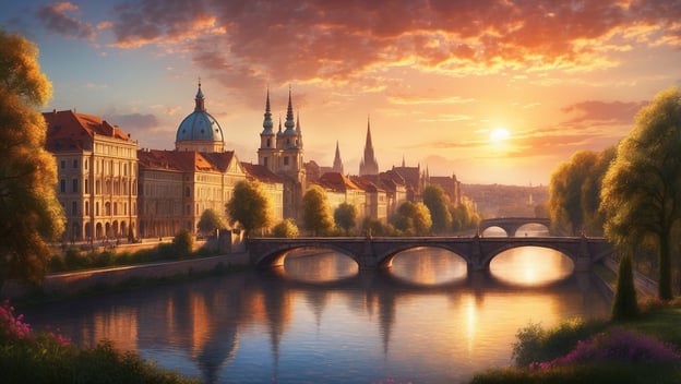 Ein malerischer Fluss mit Brücke, umgeben von historischen Gebäuden und Bäumen, bei Sonnenuntergang beleuchtet.
