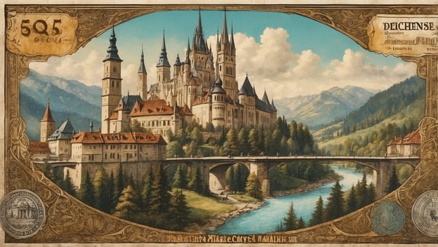 Eine malerische Burg umgeben von Bergen, Bäumen und einem Fluss mit einer Brücke im Vordergrund. Blaues Himmel mit Wolken.