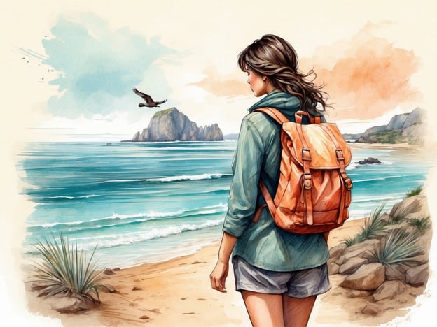 Auf dem Bild ist eine Person zu sehen, die mit einem Rucksack am Strand steht und aufs Meer blickt. Die Szenerie strahlt eine ruhige und natürliche Atmosphäre aus.Aktivitäten für Natur- und Strandliebhaber könnten folgendes umfassen:1. **Wandern**: Erkundung der Küstenwege und der umliegenden Landschaft.2. **Vogelschau**: Beobachtung von Vögeln, die in der Nähe fliegen, eventuell sogar mit einem Fernglas.3. **Fotografie**: Die beeindruckende Landschaft und das Meer festhalten.4. **Schwimmen**: Eine erfrischende Abkühlung im Wasser.5. **Strandcamping**: Übernachtung am Strand inmitten der Natur.6. **Schnorcheln**: Entdeckung der Unterwasserwelt in der Nähe des Strandes.7. **Picknicken**: Genießen einer Mahlzeit mit Blick aufs Wasser.Diese Aktivitäten ermöglichen es, die natürliche Schönheit und Ruhe des Strandes voll auszuschöpfen.