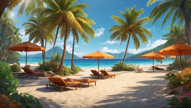 Tropischer Strand mit Liegen und orangenen Sonnenschirmen umgeben von Palmen und klarem blauem Wasser.