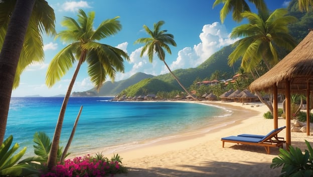Tropischer Strand mit Palmen, klar blauem Wasser und Hütten im Hintergrund an einem sonnigen Tag.