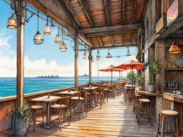 Auf dem Bild ist eine einladende Terrasse zu sehen, die direkt am Wasser liegt. Die Einrichtung ist rustikal und gemütlich, mit Holzmöbeln und einem offenen Blick aufs Meer.Für Valencia empfehle ich, eine ähnliche Atmosphäre in einem der Strandrestaurants oder Chiringuitos, insbesondere am Playa de la Malvarrosa, zu genießen. Ein Insider-Tipp ist, dort die „paella“ zu probieren, die in der Region bekannt ist, und das abendliche Ambiente bei einem Cocktail zu erleben. Auch der Sonnenuntergang am Strand ist ein Muss!