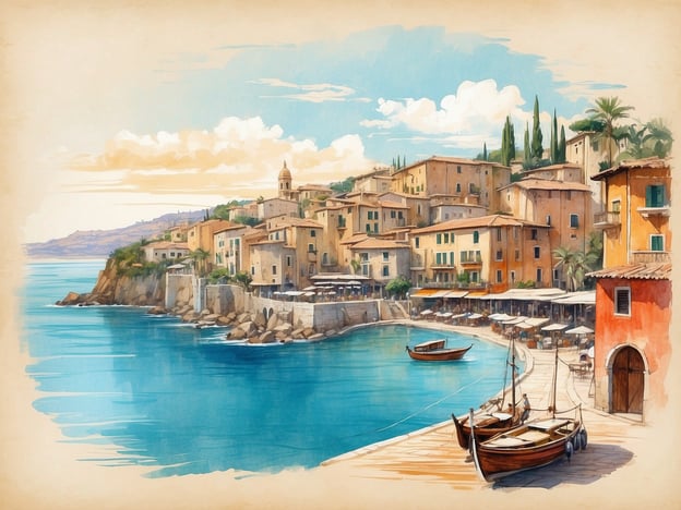 Auf dem Bild sieht man eine malerische Küstenlandschaft, die an die Geschichte von Marseille erinnert. Marseille, eine der ältesten Städte Frankreichs, hat eine reiche maritime Tradition. Die Architektur der Gebäude, die den Hafen säumen, könnte an die historischen Strukturen der Altstadt erinnern. Die Boote im Wasser zeugen von der wichtigen Rolle des Fischfangs und des Handels im Leben der Stadt. Die sanften Hügel im Hintergrund und das strahlend blaue Wasser schaffen eine idyllische Atmosphäre, die die maritime Kultur Marseilles widerspiegelt. In dieser Stadt trafen seit Jahrhunderten verschiedene Kulturen aufeinander, was sich auch in der bezaubernden Architektur und dem Lebensstil der Bewohner zeigt.