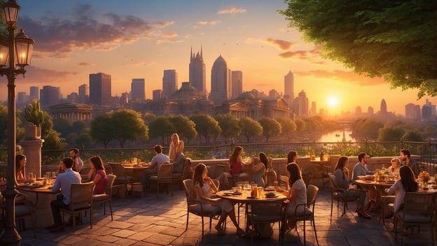 Menschen essen und trinken an Tischen im Freien, mit einer Stadtansicht bei Sonnenuntergang im Hintergrund.