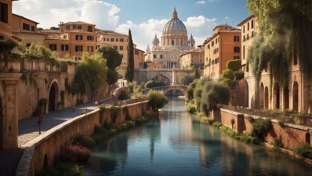 Blick auf den Tiber mit historischer Architektur und der Kuppel des Petersdoms im Hintergrund unter blauen Himmel.