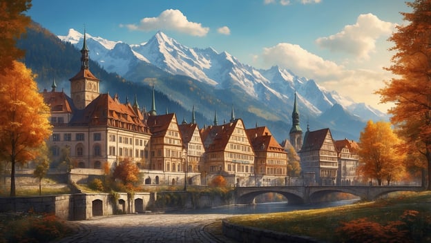 Herbstliche Landschaft mit historischen Gebäuden entlang eines Flusses, umgeben von Bergen und bunten Bäumen.
