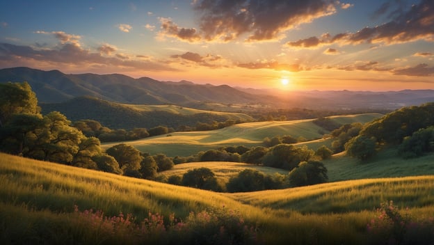 Sonnenuntergang über sanften Hügeln und Weiden im Texas Hill Country mit üppigen Bäumen und bunten Blumen.
