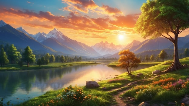 Ein malerischer Sonnenuntergang über Bergen und einem ruhigen Fluss, umgeben von blühenden Wiesen und grünen Bäumen.