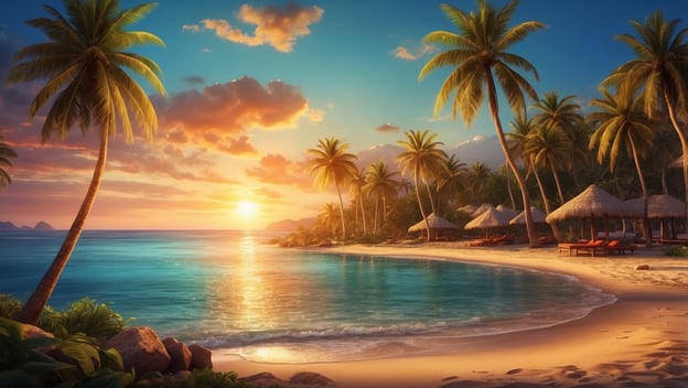 Ein tropischer Strand mit Palmen, Sonnenuntergang und Hütten am Wasser. Der Himmel strahlt in warmen Farben.