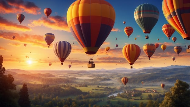 Bunte Heißluftballons schweben über einer malerischen Landschaft bei Sonnenaufgang während des RISE Festivals zum 10-jährigen Jubiläum.