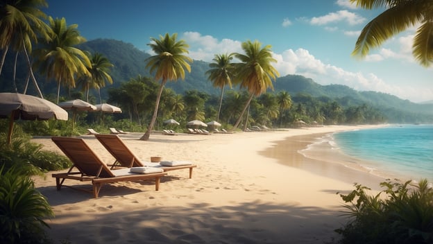 Zwei Liegen stehen am Strand unter Palmen, mit Blick auf das glitzernde Wasser und die bewaldeten Hügel im Hintergrund.