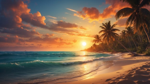 Sonnenuntergang über einem karibischen Strand, sanfte Wellen, Palmen im Vordergrund, wolkiger Himmel.