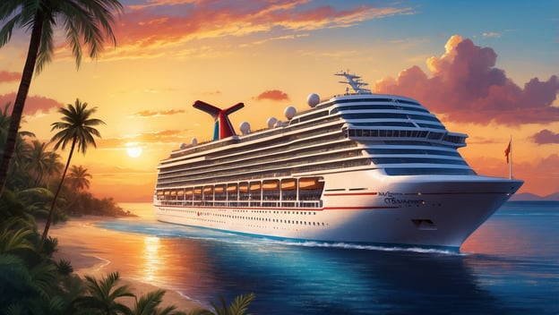 Ein Kreuzfahrtschiff von Carnival fährt entlang einer palmengesäumten Küste bei Sonnenuntergang.