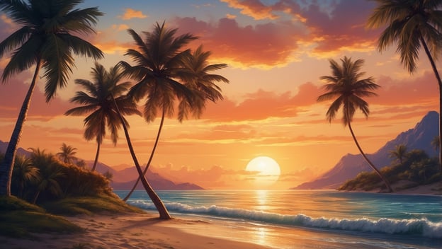Sonnenuntergang über einem ruhigen Strand, umgeben von Palmen und Bergen, reflektiert die Verbindung zur Natur.