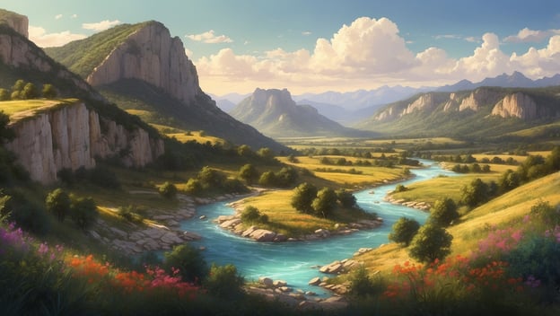 Die Aussicht zeigt sanfte grünen Hügel, einen klaren Fluss und blühende Blumen im Vordergrund unter einem blauen Himmel.