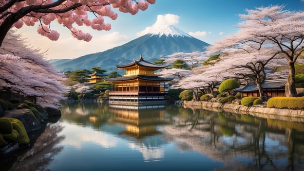 Ein traditionelles japanisches Gebäude spiegelt sich in einem Teich, umgeben von Kirschbäumen und dem Fuji im Hintergrund.