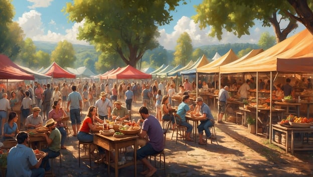 Lebhafter Markt mit bunten Ständen, Menschen genießen Essen und Getränke unter Bäumen an einem sonnigen Tag.