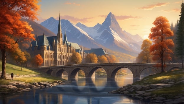 Ein majestätisches Schloss umgeben von Bergen und buntem Laub, mit einem ruhigen Fluss und einer Steinbrücke im Vordergrund.