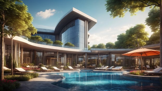 Moderne Hotelarchitektur mit Poollandschaft und Liegen, umgeben von grüner Bepflanzung und sonnigem Himmel.