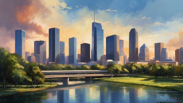 Skyline von Houston mit Bürotürmen, grünem Park und einem reflektierenden Gewässer im Vordergrund. Heller Sonnenuntergangshimmel.